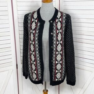 Vintage 90s White Stag Fair Isle Button Up Cardigan Sweater Black White Small
